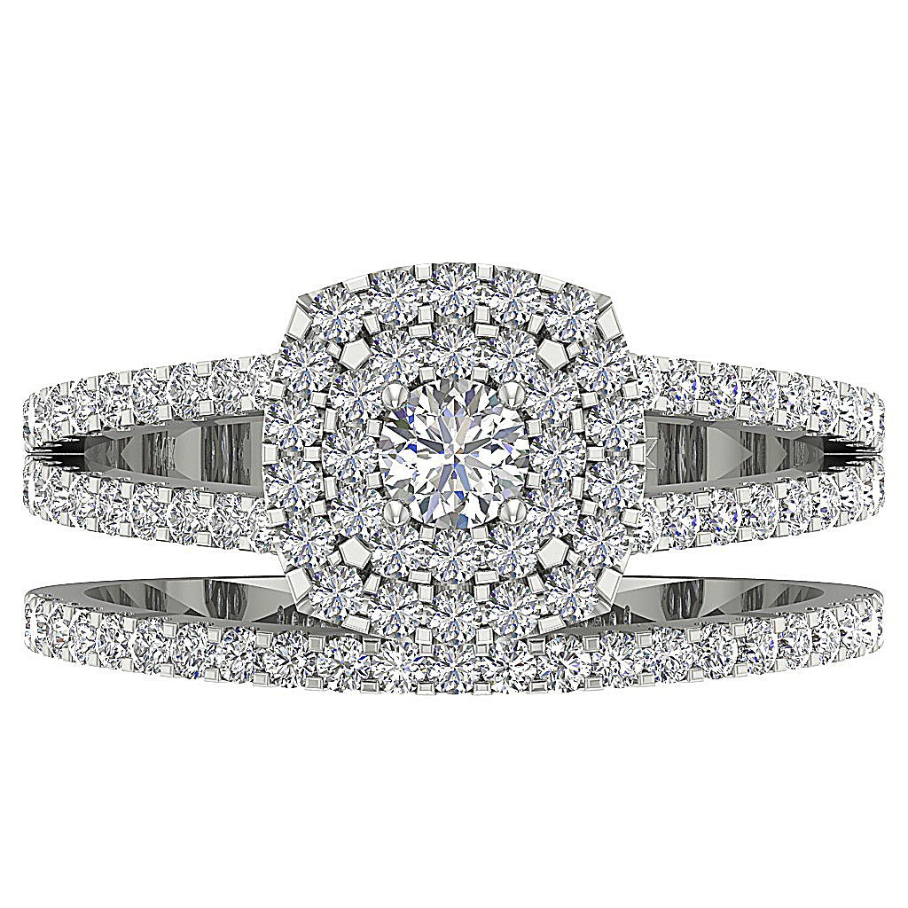 Cushion Double Halo Bridal Wedding Ring Sets I1 G 1.35 Ct Round Cut Diamond 14k Gold