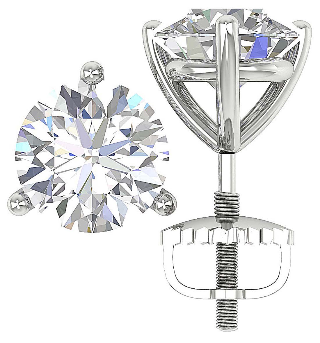 14k/18k Gold Genuine Diamond Martini 3 Prong Set SI1 G 1.50 Ct Solitaire Studs Earrings