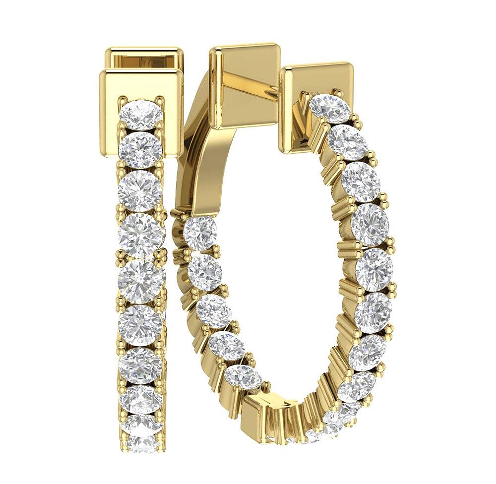 VS1/SI1/I1 G 1.75 Ct Inside Outside Large Hoop Wedding Earrings Genuine Diamond 18k/14k Yellow Gold Prong Set