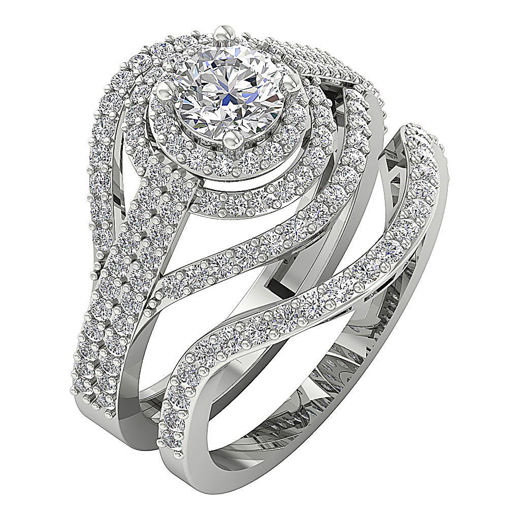 Halo Diamond Wedding Sets For Her I1 G 1.85 Carat 14K Yellow Gold Prong Set