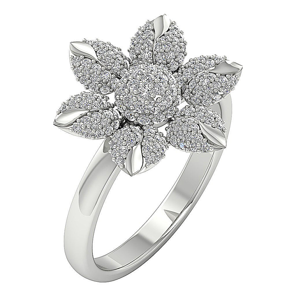 Prong Set Flower Designer Engagement Ring Natural Diamond I1 G 0.90 Ct 14K White Gold 17.50 MM