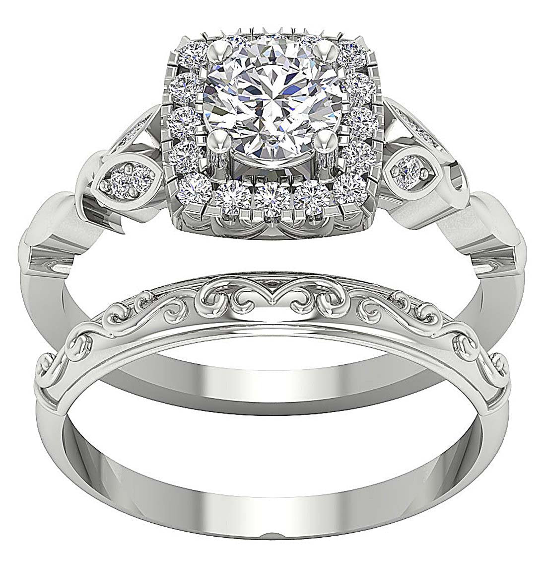 Square Halo Round Cut Wedding Band Set I1 G 1.20 Carat 14K Yellow Gold