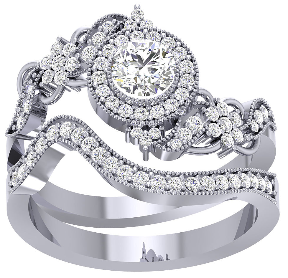 Milgrain Bridal Halo Engagement Ring Set 14K White Gold I1 G 1.20 Ct Round Diamond Prong Set