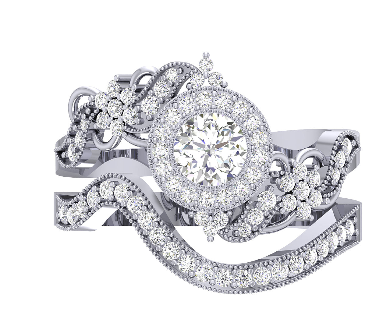 Milgrain Bridal Halo Engagement Ring Set 14K White Gold I1 G 1.20 Ct Round Diamond Prong Set