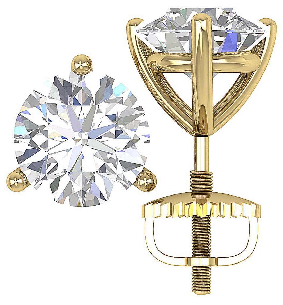 14k/18k Gold Genuine Diamond Martini 3 Prong Set SI1 G 1.50 Ct Solitaire Studs Earrings