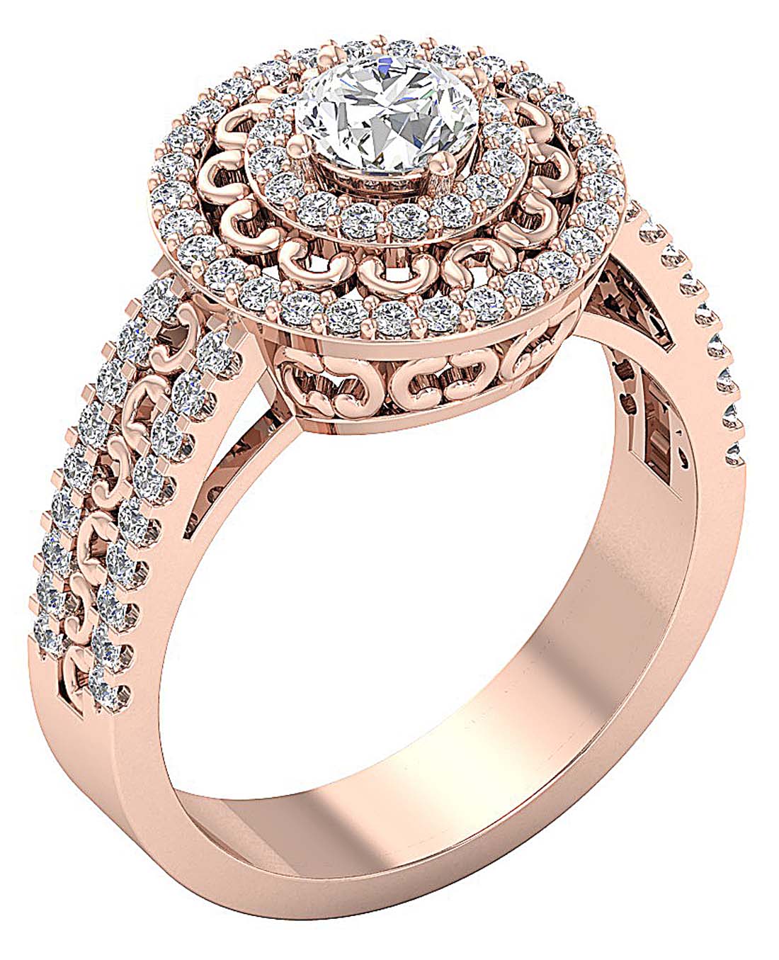 14k Rose Gold Double Halo Vintage Wedding Ring Genuine Diamond SI1 G 1.30 Ct Prong Set