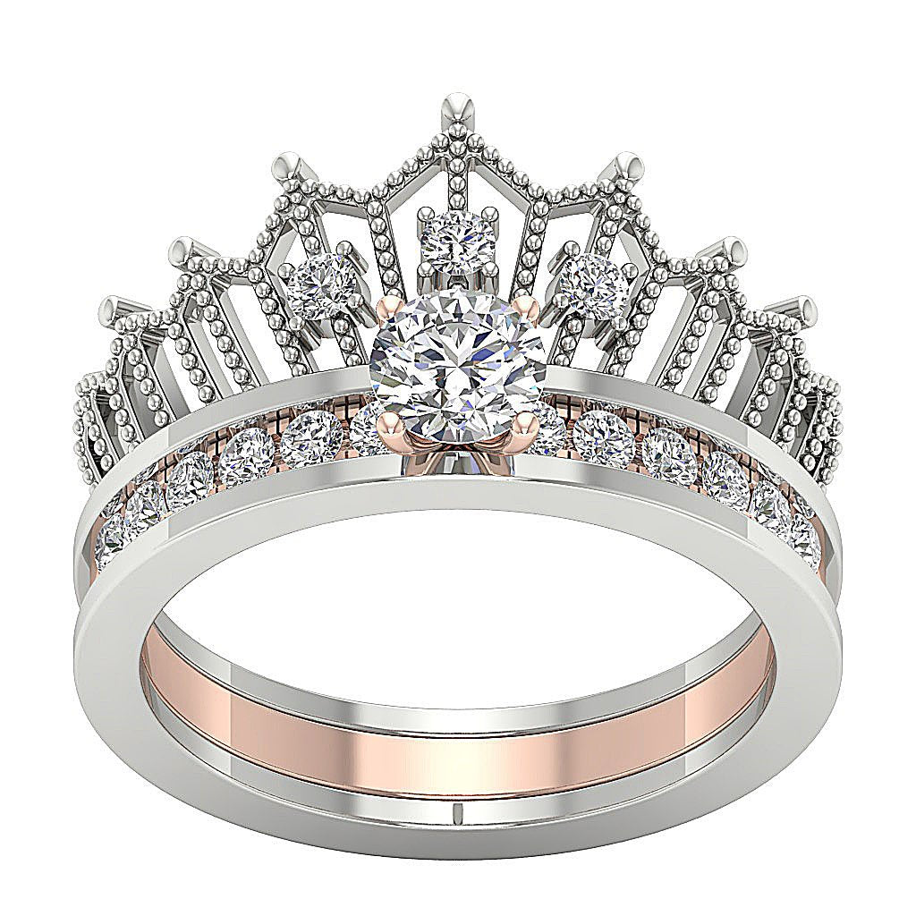 Queen Crown Bridal Anniversary Ring 14K Solid Gold Prong Set SI1 G 1.15 Ct Round Diamond 13.25 MM