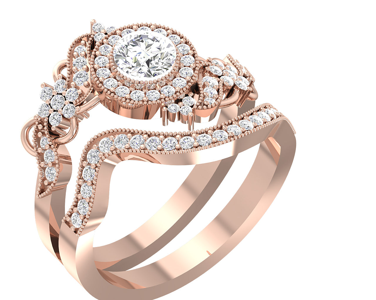 Milgrain Bridal Halo Engagement Ring Set 14K White Gold I1 G 1.20 Ct Round Diamond Prong Set