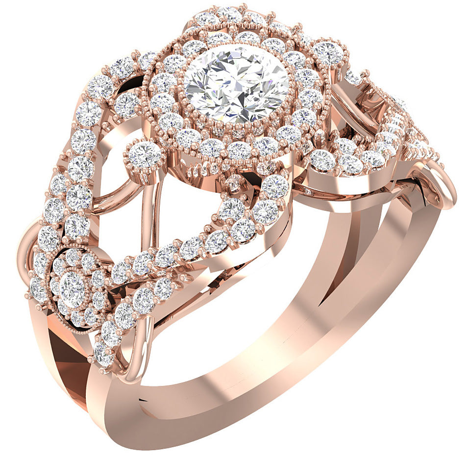 Designer Milgrain Solitaire Halo Engagement Ring SI1 G 1.40 Carat Round Diamond 14K White Yellow Rose Gold