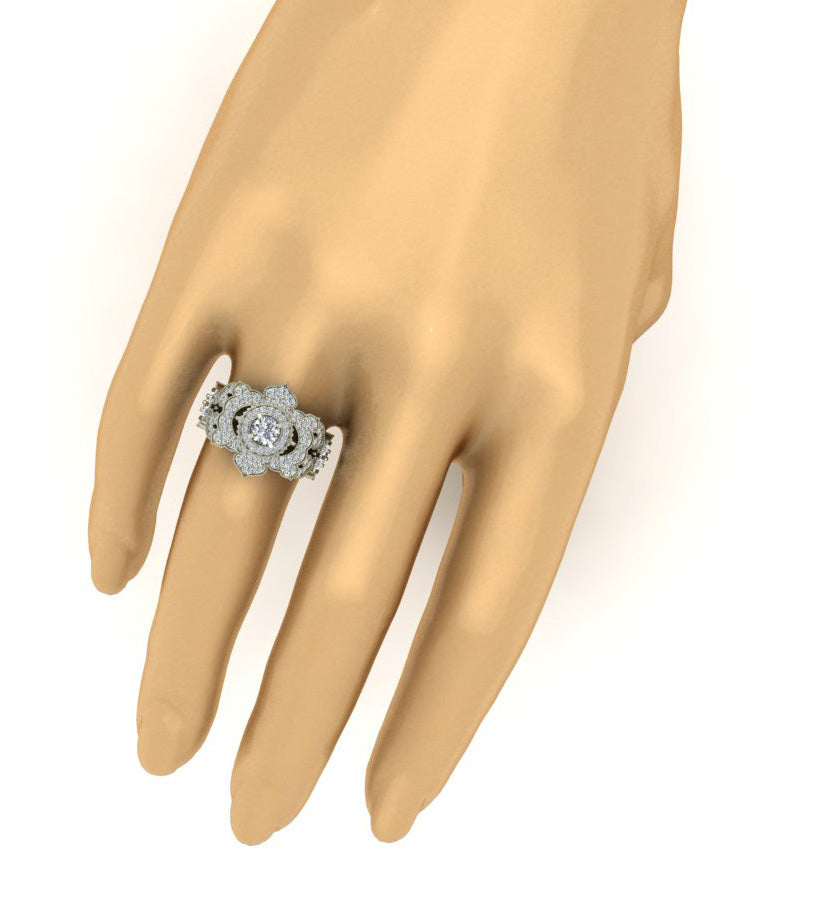 Designer Solitaire Halo Engagement Ring Round & Princess Diamond SI1 G 1.50 Carat Gold