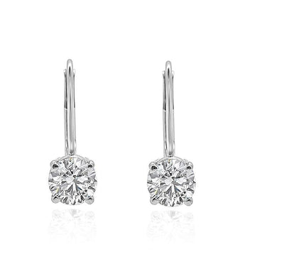 Lever Back Solitaire Studs Earrings 14k/18k White Gold Round Diamonds I1 G 0.90 Ct