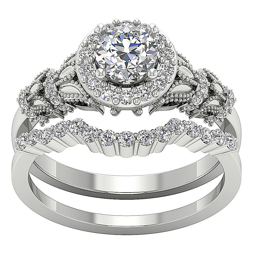 Flower Shaped Milgrain Halo Wedding Rings Bridal Set I1 G 1.30 Carat Natural Diamond