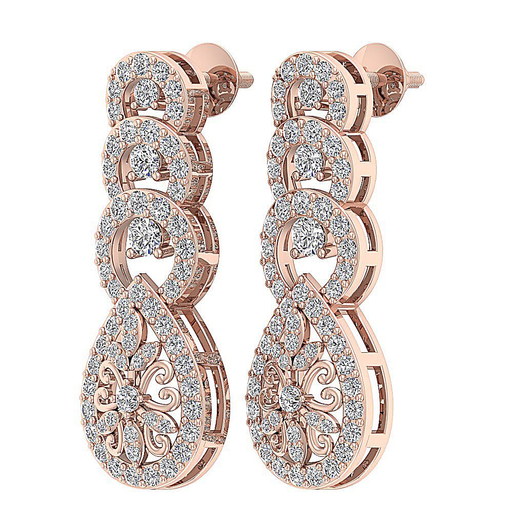 18k/14k Rose Gold Chandelier Anniversary Earrings VVS1/VS1/SI1/I1 1.60 Ct Round Diamond Prong Set