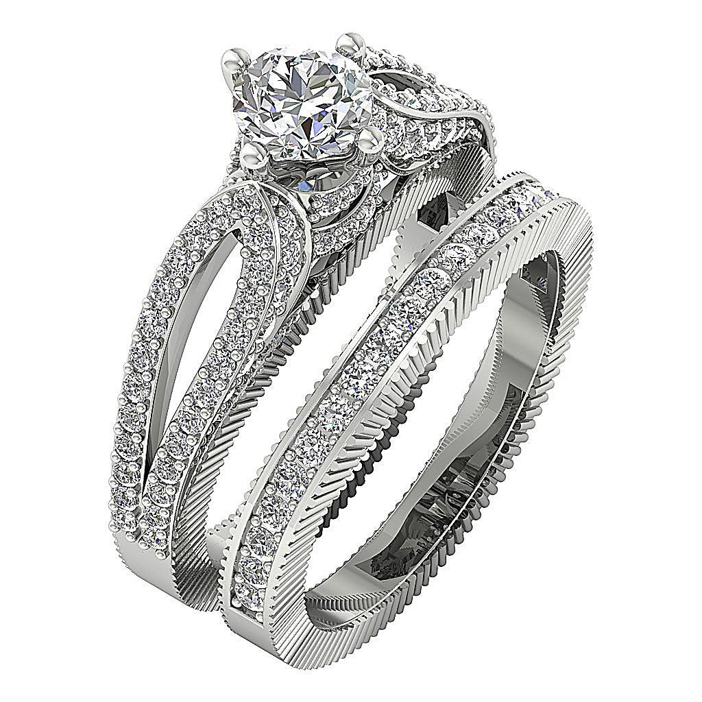 Double Bridal Solitaire Wedding Ring Set Natural Round Diamond SI1 G 1.85Ct