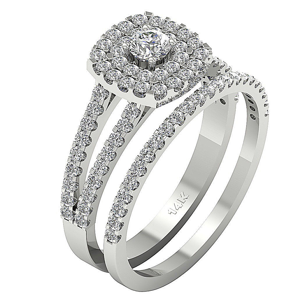Cushion Double Halo Bridal Wedding Ring Sets I1 G 1.35 Ct Round Cut Diamond 14k Gold