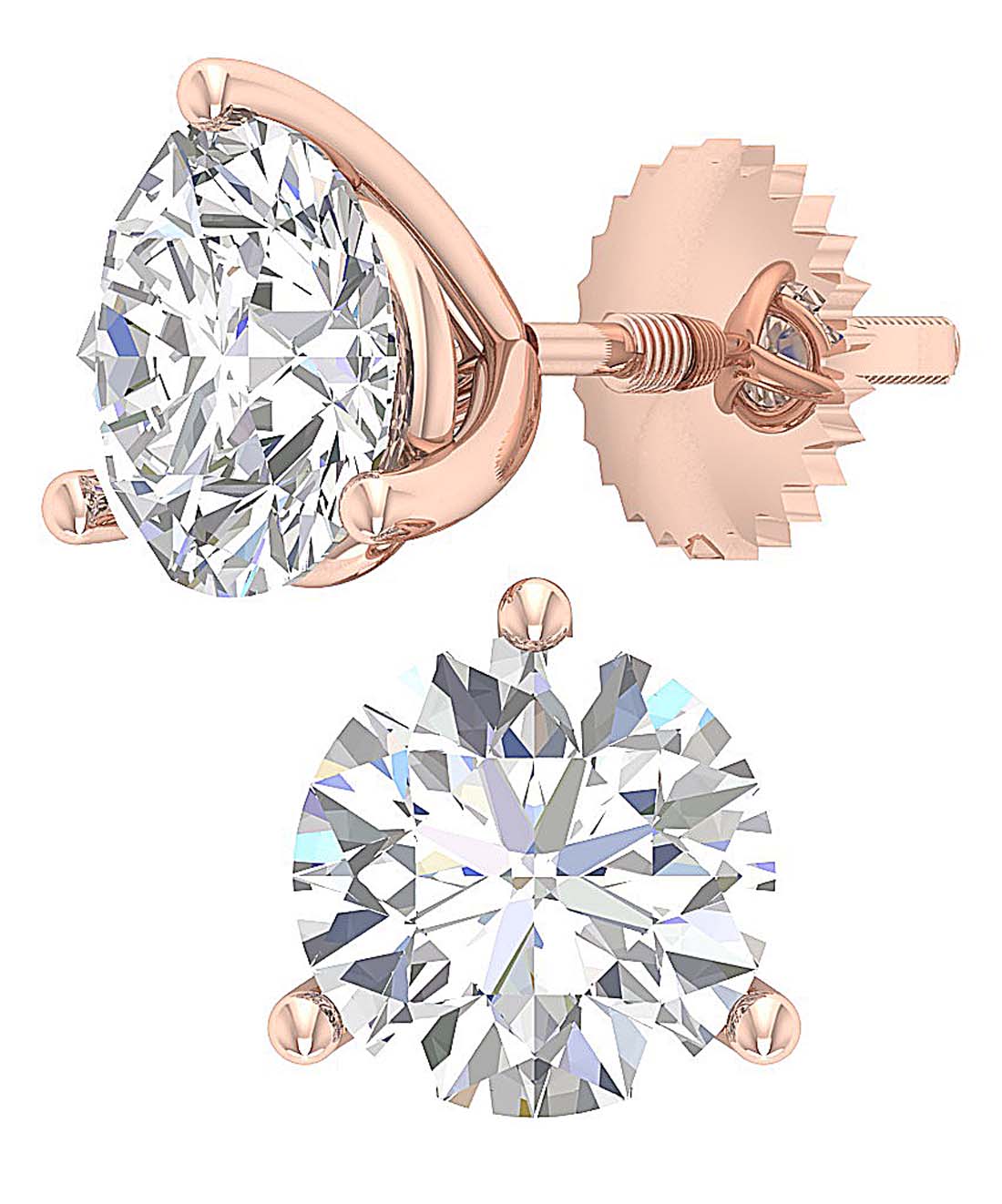 14k/18k Gold Genuine Diamond Martini 3 Prong Set SI1 G 1.50 Ct Solitaire Studs Earrings