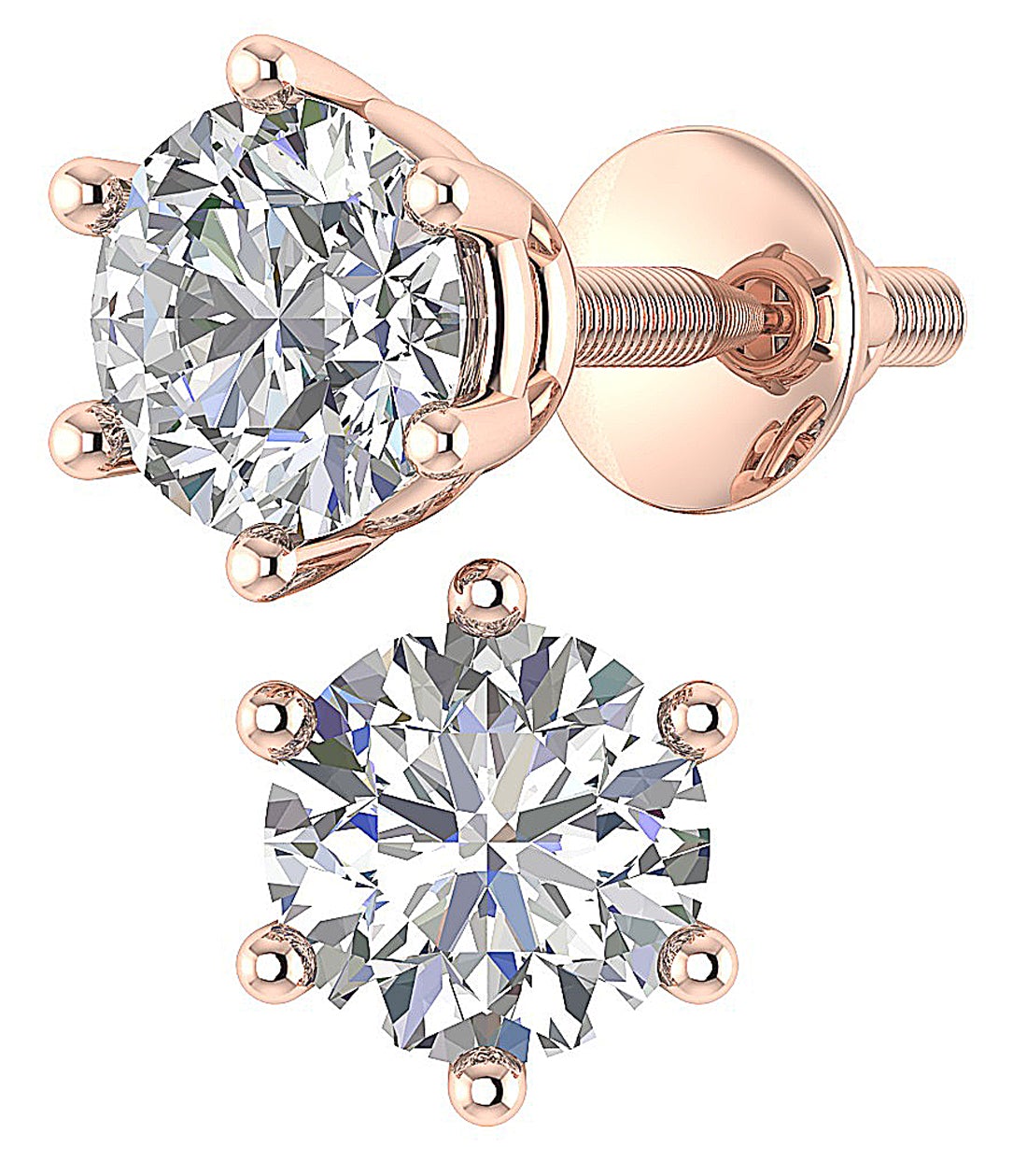 Solitaire Stud Earrings Lab Grown Diamond VS F 3.00-4.00 Carat 14k Rose Gold 6 Prong Set