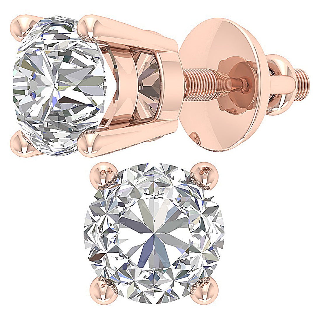Lab Grown Round Diamond 14k Rose Gold Solitaire Studs Earrings Prong Set