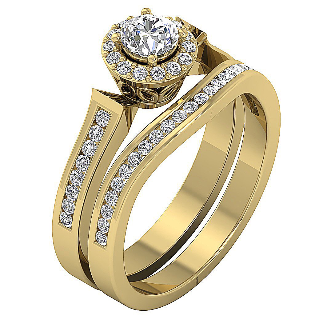 Halo Engagement And Wedding Band Sets Genuine Diamond I1 G 0.90 Carat 14K Gold