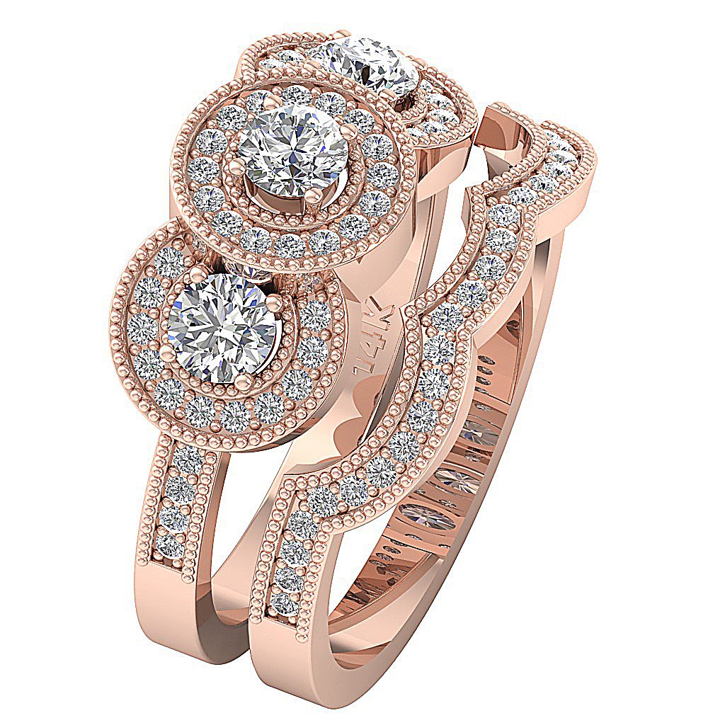 Gold Halo Three Stone Wedding Ring Sets For Women SI1 G 1.20 Ct Genuine Diamond