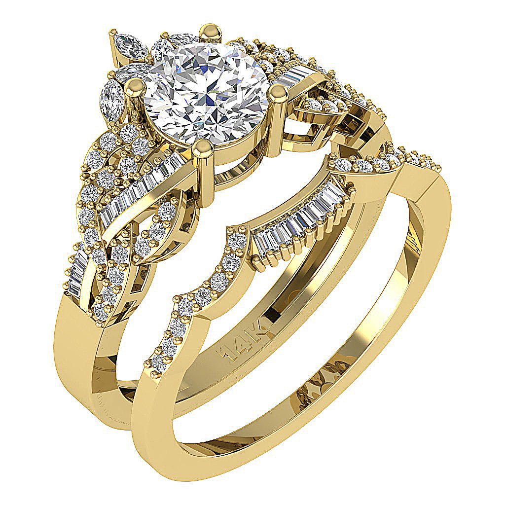 White Gold Wedding Ring Sets I1 G 2.35 Ct Round Marquise Baguette Diamond