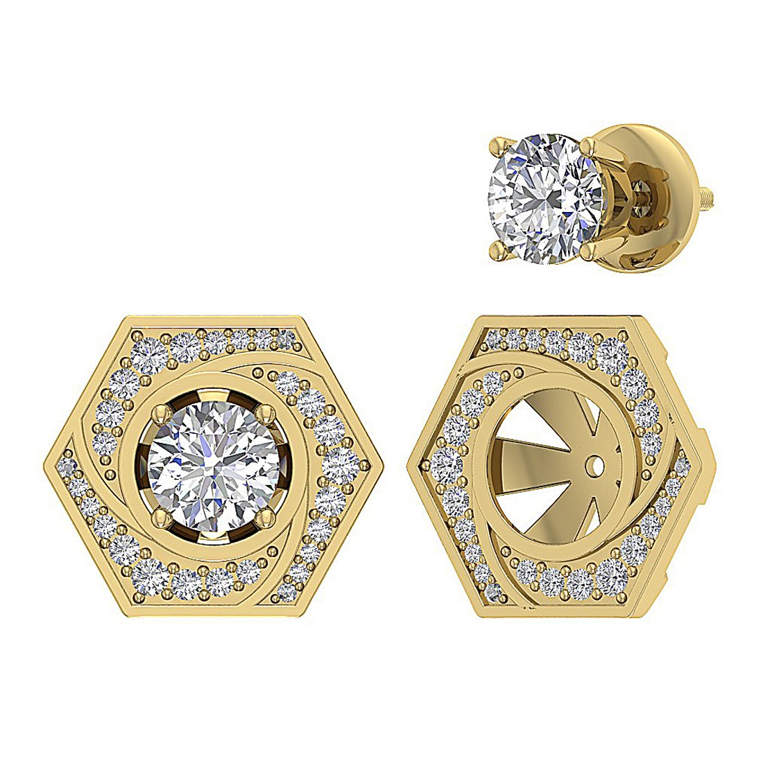 14k Solid Gold Round Diamonds I1 G 2.11 Ct Removable Jacket Studs Earrings Set