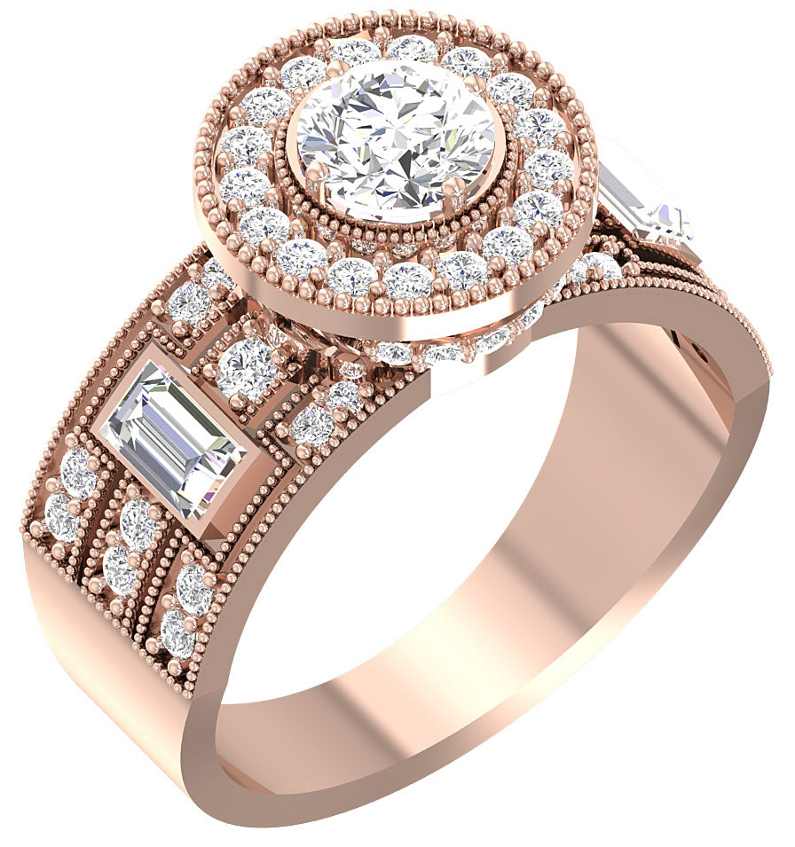 Solitaire Diamond With Baguettes Halo Engagement Band 14K White Yellow Rose Gold SI1 G 1.55 Carat Prong Set