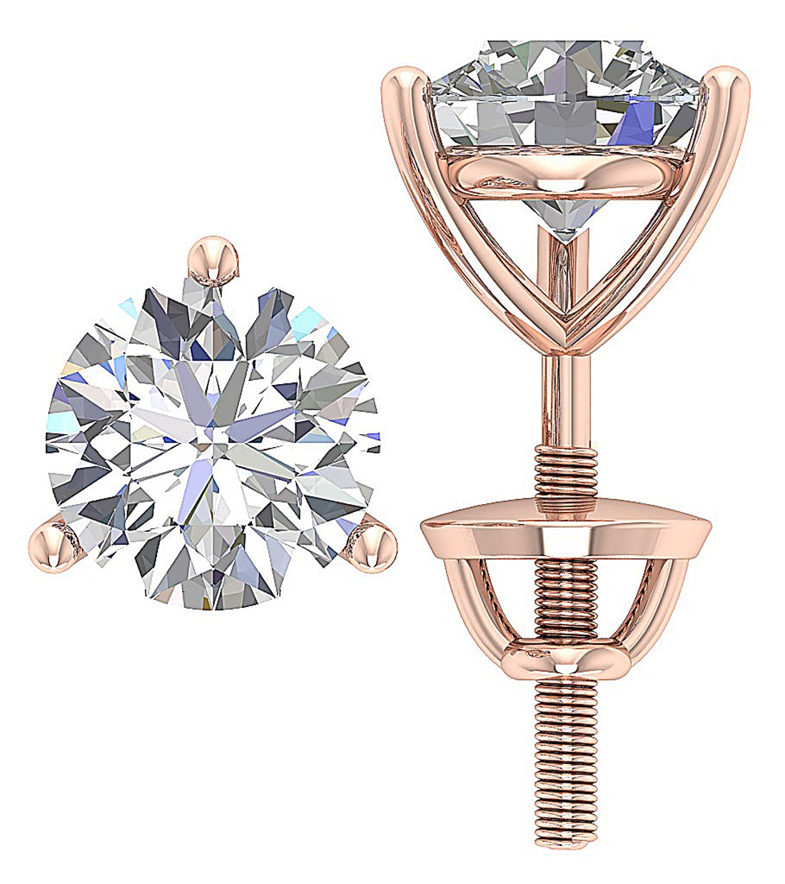 14k Gold Lab Grown Diamond Solitaire Stud Earring Screw Back Martini Prong Set