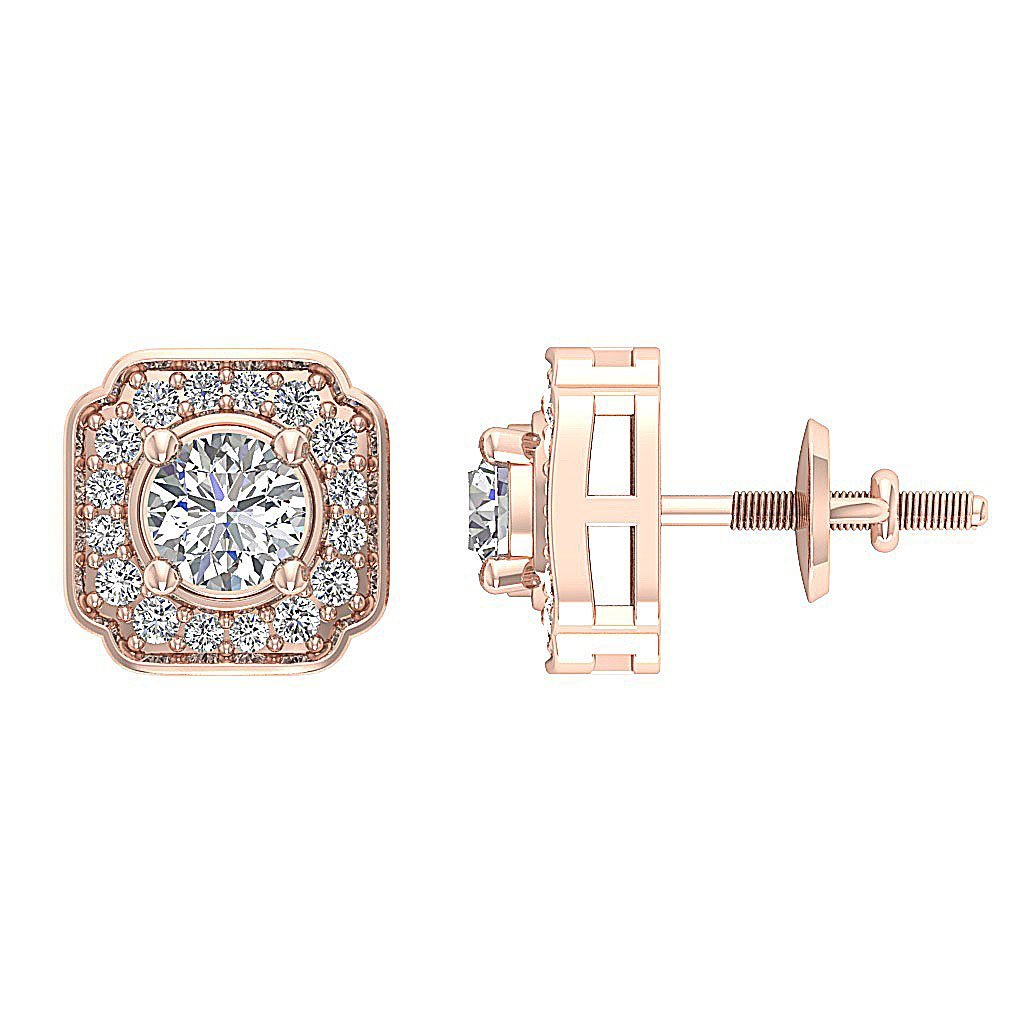 Designer Halo Solitaire Studs Earrings 14k/18k Solid Gold Round Cut Diamonds SI1 G 0.80 Ct