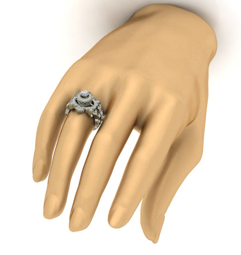 Designer Solitaire Halo Engagement Ring Round & Princess Diamond SI1 G 1.50 Carat Gold