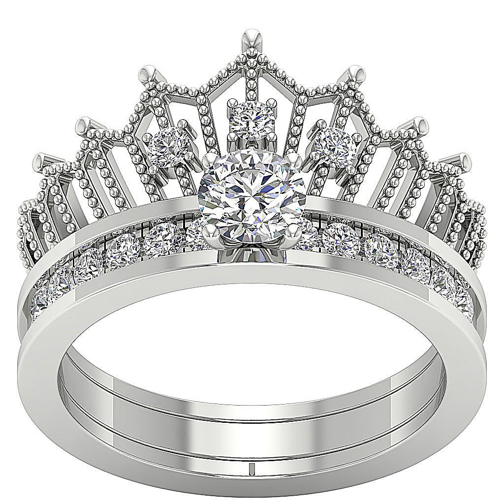 Queen Crown Bridal Anniversary Ring 14K Solid Gold Prong Set SI1 G 1.15 Ct Round Diamond 13.25 MM