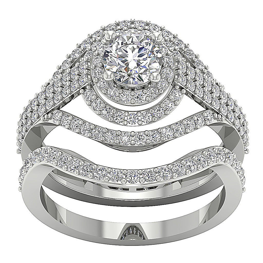 Halo Diamond Wedding Sets For Her I1 G 1.85 Carat 14K Yellow Gold Prong Set