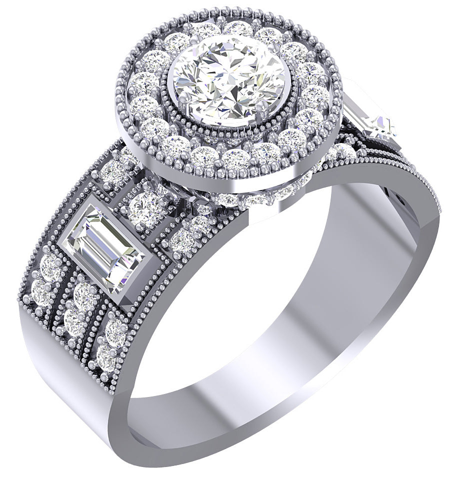 Solitaire Diamond With Baguettes Halo Engagement Band 14K White Yellow Rose Gold SI1 G 1.55 Carat Prong Set