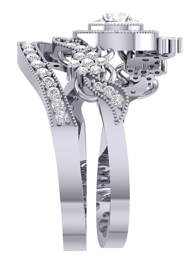 Milgrain Bridal Halo Engagement Ring Set 14K White Gold I1 G 1.20 Ct Round Diamond Prong Set