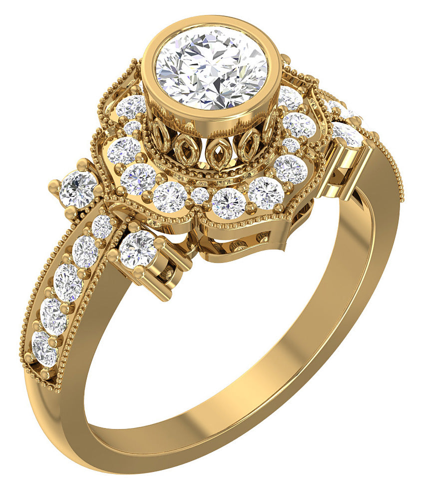 Bezel Set Solitaire Halo Engagement Ring For Women Round Diamond SI1 G 1.30 Carat 14K Gold