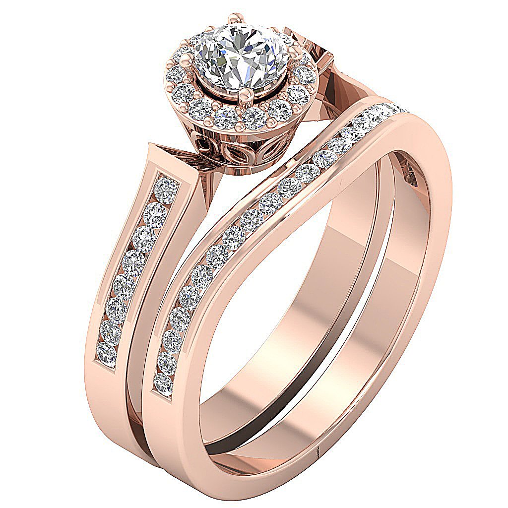 Halo Engagement And Wedding Band Sets Genuine Diamond I1 G 0.90 Carat 14K Gold