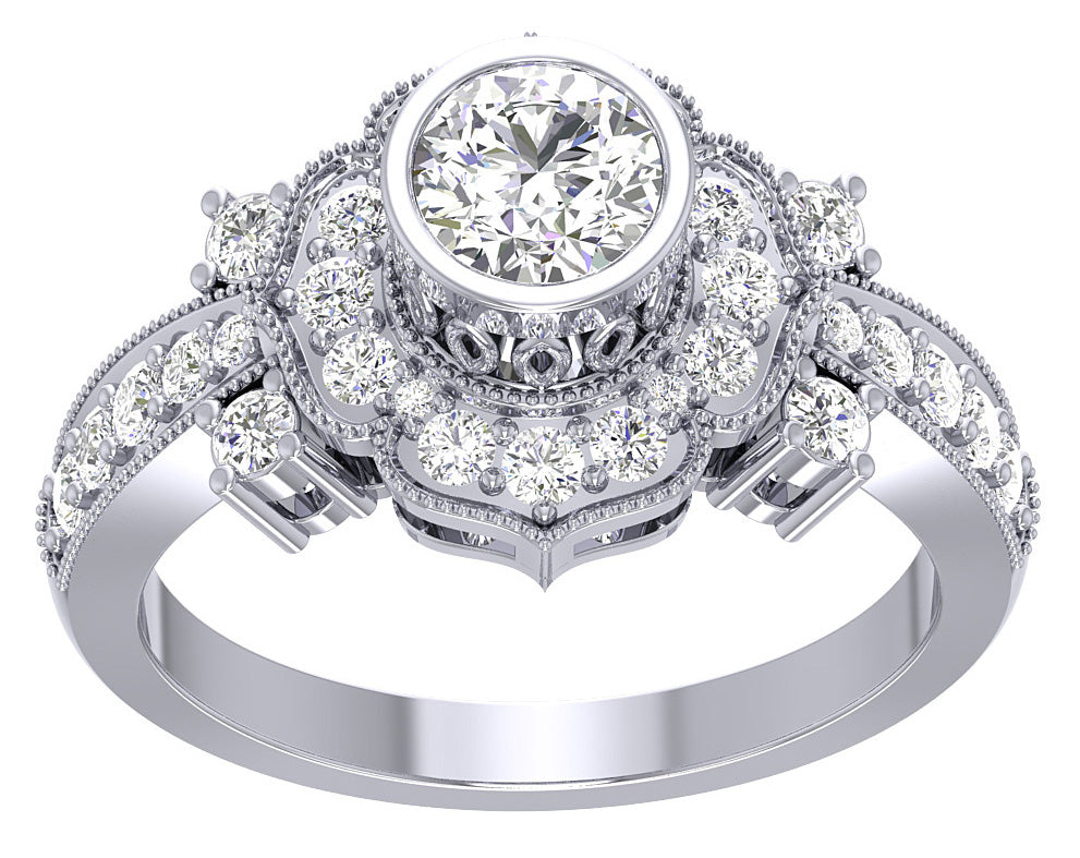Bezel Set Solitaire Halo Engagement Ring For Women Round Diamond SI1 G 1.30 Carat 14K Gold
