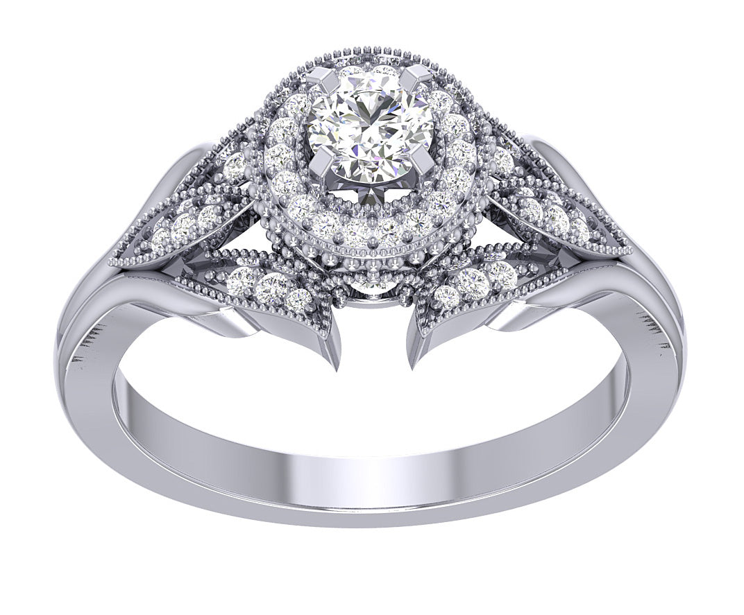 Round Cut Solitaire Halo Engagement Rings SI1 G 0.60 Carat 14K White Gold 10.90 MM