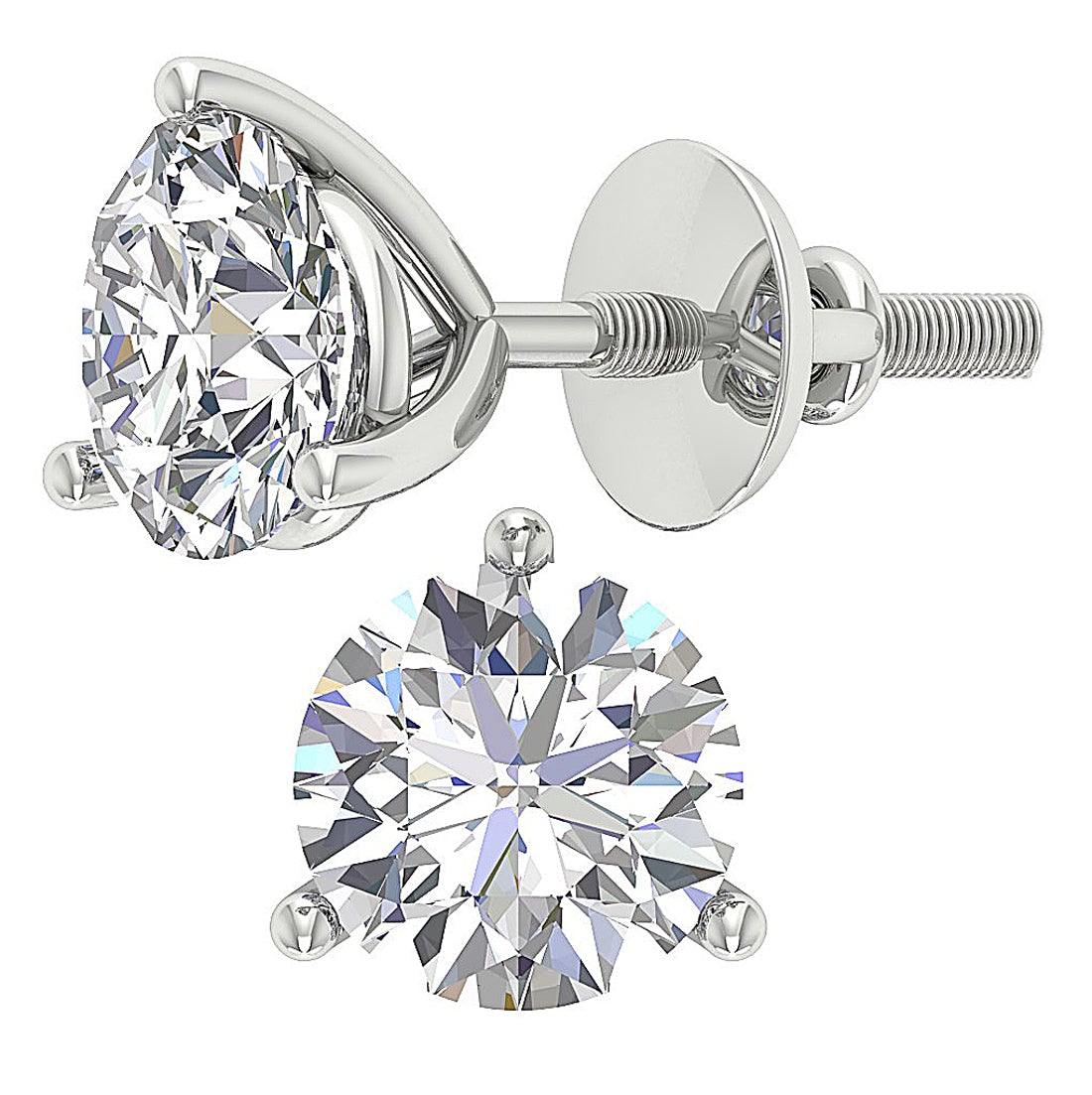 14k White Gold VS F 3-4 Carat Lab Grown Diamond Solitaire Stud Earring Screw Back