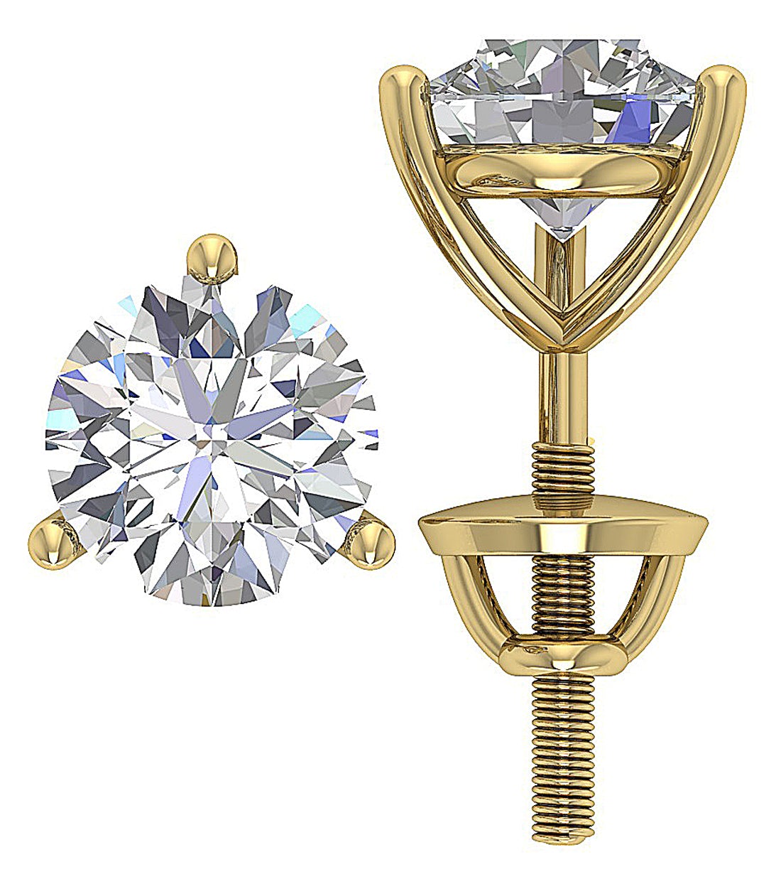 VS F 3-4 Ct Lab Grown Diamond Solitaire Stud Earring Martini Prong Set 14k Yellow Gold