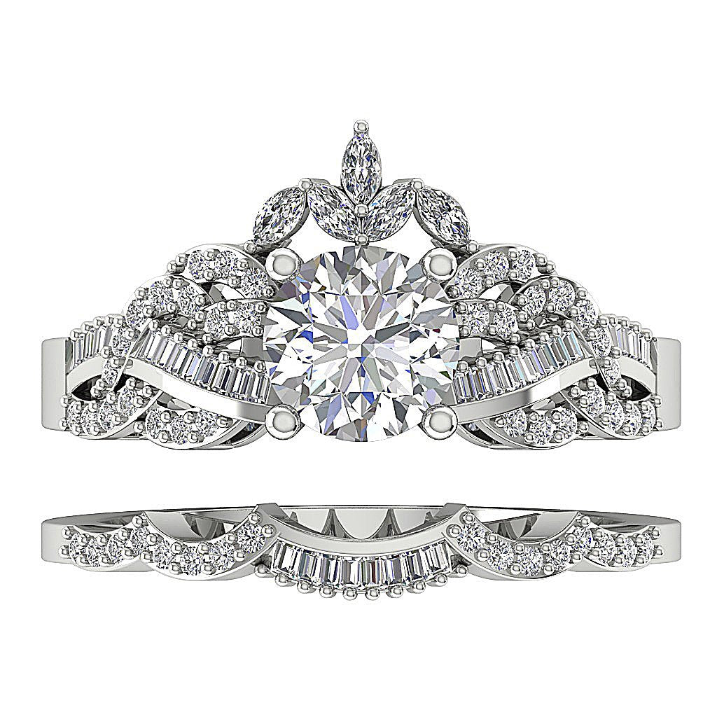 White Gold Wedding Ring Sets I1 G 2.35 Ct Round Marquise Baguette Diamond