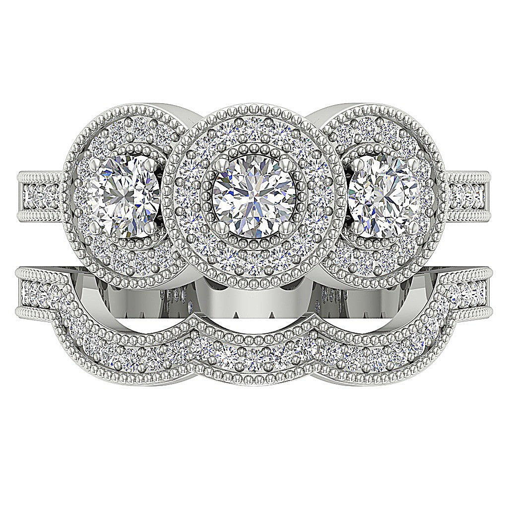 Gold Halo Three Stone Wedding Ring Sets For Women SI1 G 1.20 Ct Genuine Diamond
