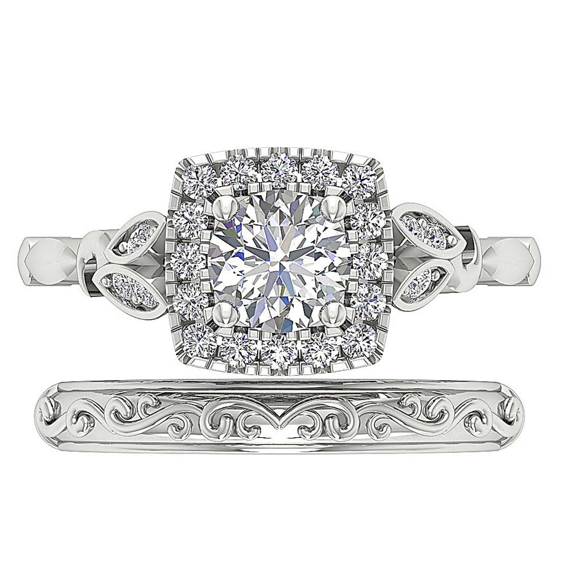 Square Halo Round Cut Wedding Band Set I1 G 1.20 Carat 14K Yellow Gold