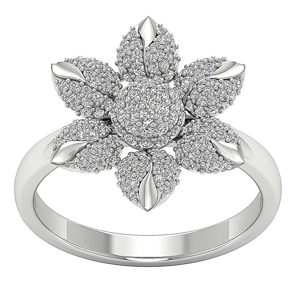 Prong Set Flower Designer Engagement Ring Natural Diamond I1 G 0.90 Ct 14K White Gold 17.50 MM