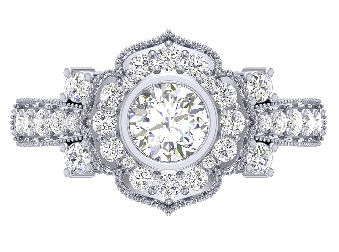 Bezel Set Solitaire Halo Engagement Ring For Women Round Diamond SI1 G 1.30 Carat 14K Gold