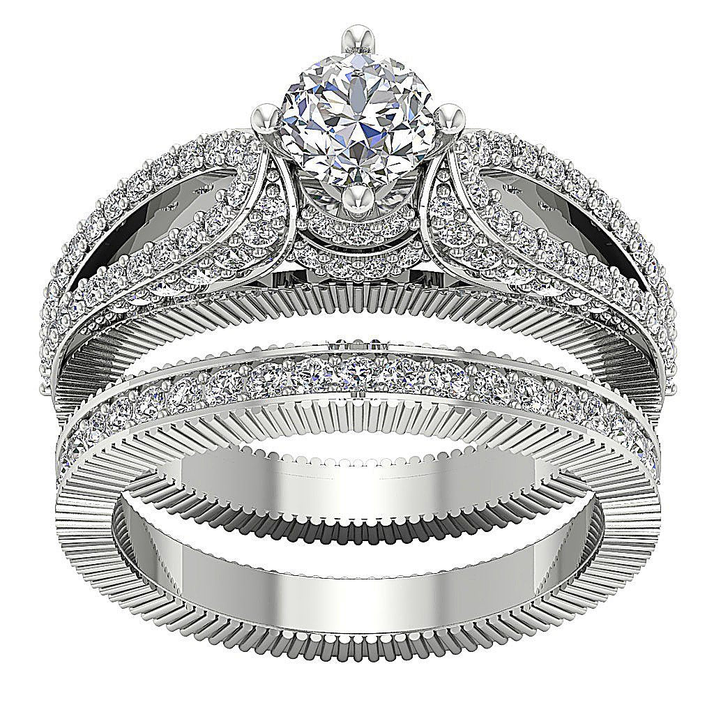 Double Bridal Solitaire Wedding Ring Set Natural Round Diamond SI1 G 1.85Ct