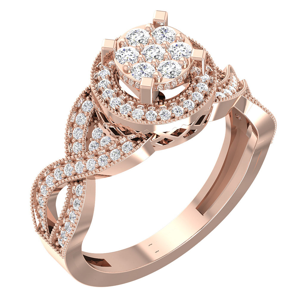 Halo Engagement Twisted Solitaire Ring For Women SI1 G 0.60 Carat Diamond 14K Gold