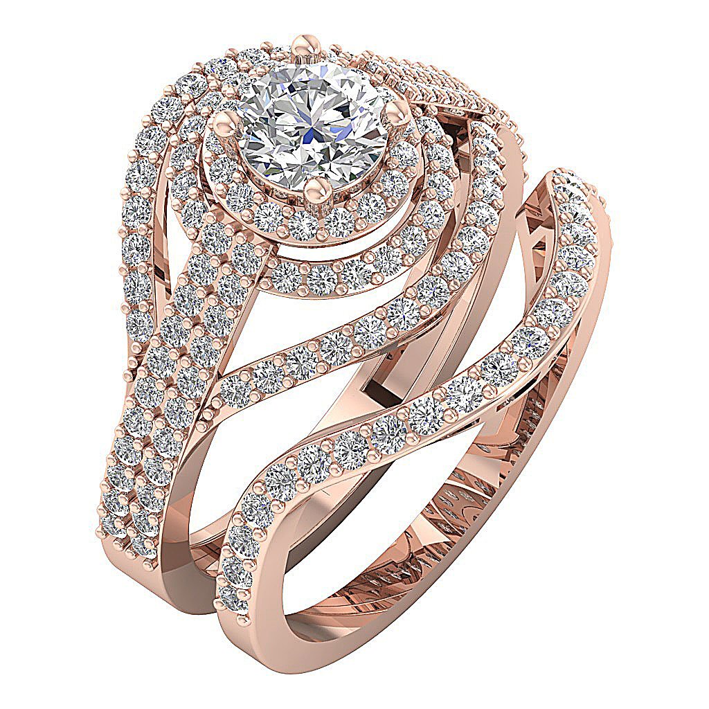 Halo Diamond Wedding Sets For Her I1 G 1.85 Carat 14K Yellow Gold Prong Set
