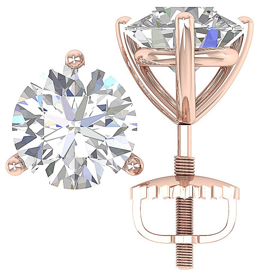 14k/18k Gold Genuine Diamond Martini 3 Prong Set SI1 G 1.50 Ct Solitaire Studs Earrings
