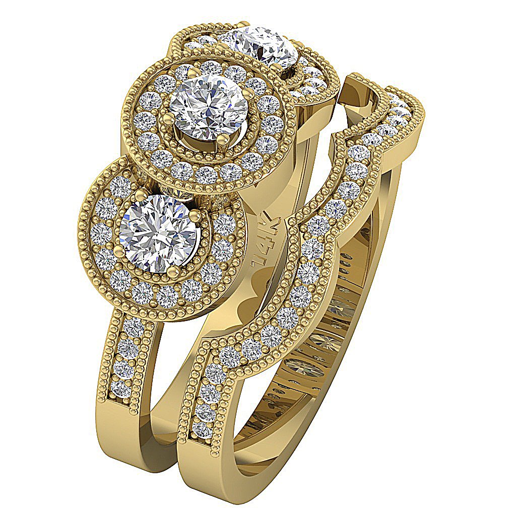 Gold Halo Three Stone Wedding Ring Sets For Women SI1 G 1.20 Ct Genuine Diamond